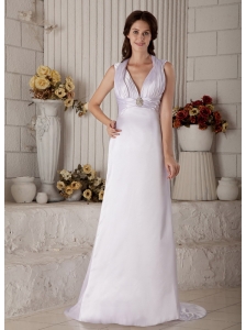 Customize Column Halter Wedding Dress Brush Train Satin Ruch and Beading