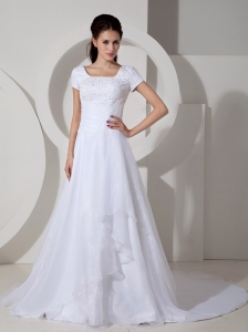 Customize Wedding Dress A-line Square Beading and Ruch Court Train Organza