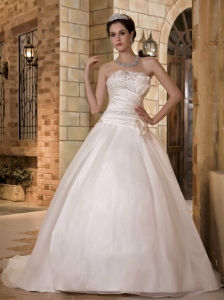 Elegant A-line Strapless Wedding Dress Sweep Train Taffeta and Organza Beading