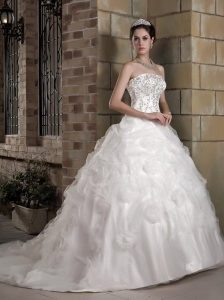 Gorgeous A-line Strapless Wedding Dress Chapel Train Taffeta and Organza Appliques