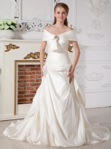 Luxurious A-line Wedding Dress Off The Shoulder Beading Court Train Taffeta
