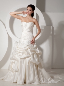 New A-line Strapless Wedding Dress Court Train Satin Beading and Ruch