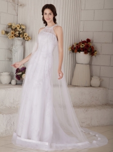 Perfect Column High-neck Muslim Wedding Dress Brush Train Organza Beading