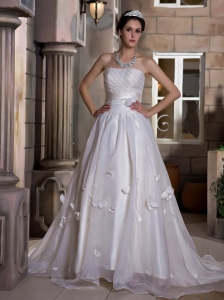 Custom Made A-line Strapless Wedding Dress Chapel Train Taffeta and Organza Ruch and Hand Made Flowers