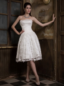 Customize A-line Strapless Short Wedding Dress Satin and Lace Knee-length