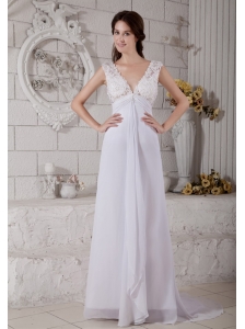 Customize Empire V-neck Lace Wedding Dress Brush Train Chiffon
