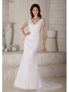 Customize Mermaid V-neck Wedding Dress Court Train Lace