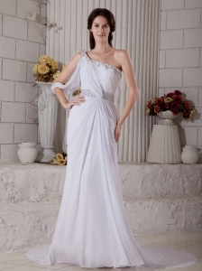 Elegant Column One Shoulder Beading Wedding Dress Court Train Chiffon