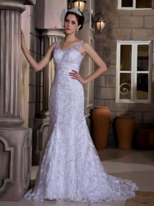 Fashionbale Mermaid V-neck Wedding Dress Court Train Taffeta and Lace