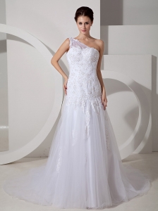Lovely Wedding Dress A-line One Shoulder Court Train Tulle Lace