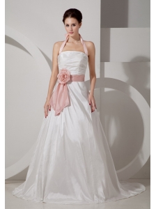 Low Cost A-line Halter Wedding Dress Court Train Taffeta Sash and Ruch