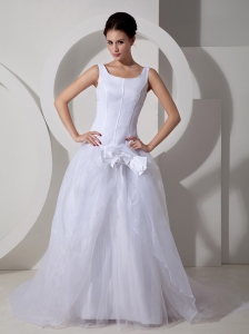 Low Cost A-line Scoop Wedding Dress Court Train Tulle Bows