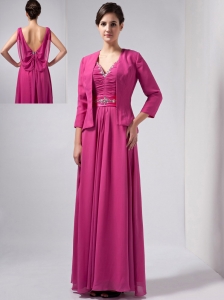 Beautiful Hot Pink Column Mother Of The Bride Dress V-neck Ankle-length Chiffon Beading