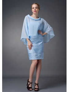 Custom Made Baby Blue Column Scoop Mother Of The Bride Dress Knee-length Chiffon Ruch