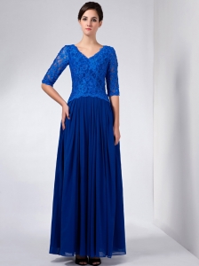 Custom Made Blue Column Mother Of The Bride Dress V-neck Beading Ankle-length Chiffon and Lace
