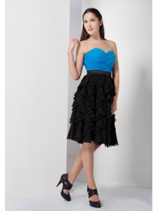 Custom Made Sky Blue and Black A-line Prom / Cocktail Dress Sweetheart Knee-length Chiffon Ruch and Ruffles
