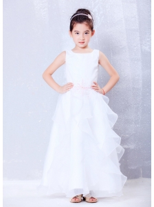 Custom Made White A-line Scoop Beading Flower Girl Dress Ankle-length Organza