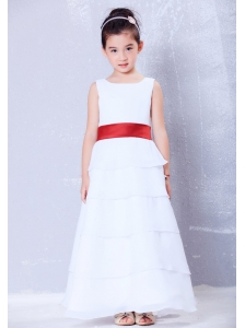 Custom Made White and Red A-line Scoop Sash Flower Girl Dress Ankle-length Chiffon