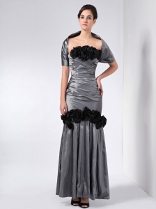 Fashionable Grey Column Mother Of The Bride Dress Strapless Hand Made Flowers Ankle-length Taffeta