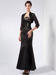 Modest Black Column Mother Of The Bride Dress Strapless Ankle-length Taffeta Beading and Lace