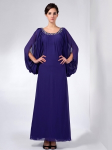 Modest Purple Mother Of The Bride Dress Column Scoop Beading Ankle-length Chiffon