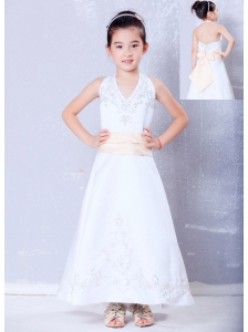 Sweet White A-line Halter Embroidery Flower Girl Dress Ankle-length Satin