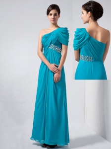 Teal Column Mother Of The Bride Dress One Shoulder Beading Ankle-length Chiffon