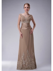 Beautiful Champagne Column V-neck Mother Of The Bride Dress Chiffon Appliques Floor-length