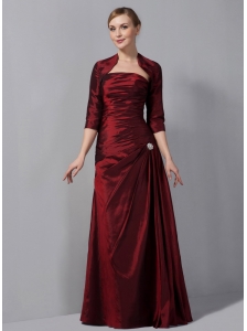 Custom Made Wine Red Column Mother Of The Bride Dress Strapless Ruch Floor-length Taffeta