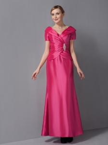 Customize Hot Pink Mother Of The Bride Dress Column V-neck Ruch Ankle-length Taffeta
