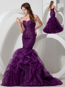 Customize Purple Trumpet / Mermaid Sweetheart  Beading Prom Dress Court Train Organza