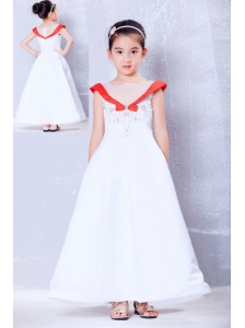 Customize White and Red A-line Scoop Embroidery Flower Girl Dress Ankle-length Satin and Organza