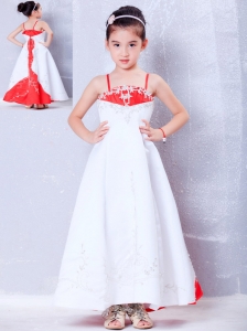 Customize White and Red A-line Straps Embroidery Flower Girl Dress Ankle-length Satin