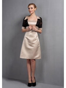 Elegant Champagne A-line Mother Of The Bride Dress Strapless Hand Made Flowers Knee-length Satin