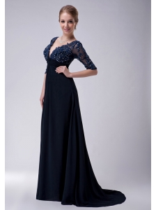 Exclusive Navy Blue Empire V-neck Mother Of The Bride Dress Brush Train Chiffon Appliques