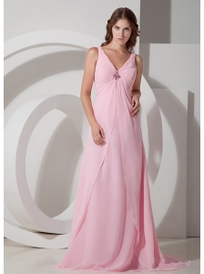 Exquisite Baby Pink Empire V-neck Beading Prom Dress Brush Train Chiffon