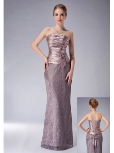 Fashionable Lilac Column Strapless Mother Of The Bride DressLace Ruch Floor-length