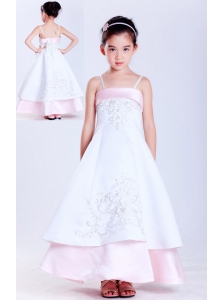 Fashionable White and Pink A-line Straps Embroidery Flower Girl Dress Ankle-length Taffeta and Satin