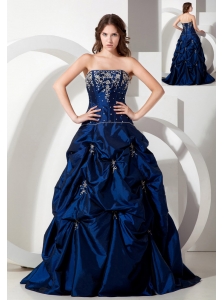 Informal Royal Blue A-line Strapless Floor-length Taffeta Appliques Prom Dress
