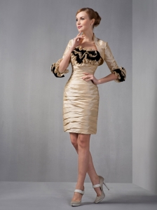New Arrival Champagne Column Strapless Mini-length Taffeta Ruch and Hand Made Flowers Prom Dress