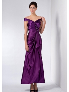 Popular Eggplant Purple Column Off The Shoulder  Beading Prom Dress Ankle-length Taffeta
