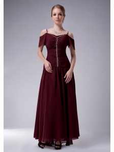 Pretty Burgundy Empire Straps Mother Of The Bride Dress Ankle-length Chiffon Beading