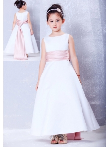 Simple White and Pink A-line Scoop Sash Flower Girl Dress Ankle-length Taffeta