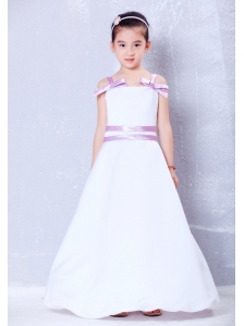 Sweet White and Lavender A-line Straps Bows Flower Girl Dress Ankle-length Taffeta