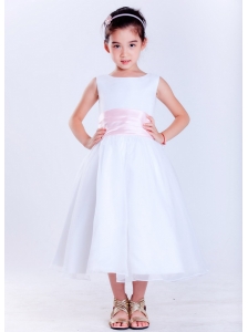 White and Pink A-line Scoop Tea-length Taffeta and Organza Hand Made Flower Flower Girl Dress
