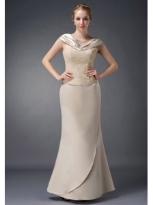 Wonderful Champagne Column V-neck Mother Of The Bride Dress Satin Lace and Beading Floor-length