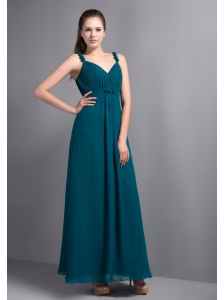 Affordable Turquoise V-neck  Ankle-length Bridesmaid Dress Chiffon