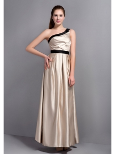 Customize Champagne One Shoulder Bridesmaid Dress with Black Belt