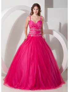 Customize Hot Pink  Spaghetti Straps Quinceanera Dress Tulle Beading