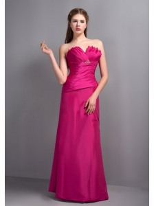 Elegant Hot Pink V-neck Bridesmaid Dress with Beading